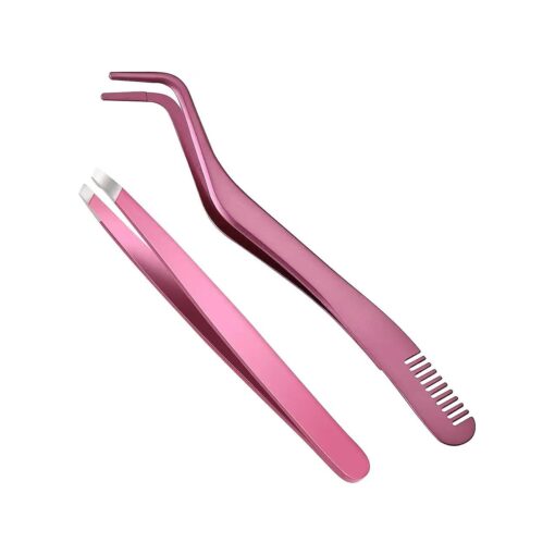 False Eyelash Applicator Tool Stainless Steel Curved Eyelash Extensioin Tweezer for Strip Lashes ( Lash Applicator Tweezers Set ( Pink ) )