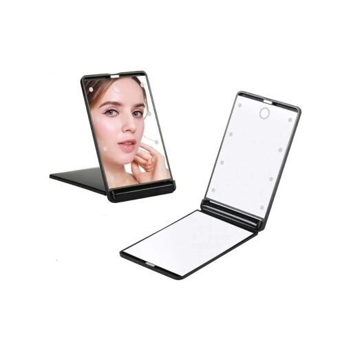 Travel Mirror, Portable LED Lighted Makeup Mirror with 8 Dimmable Led Lights, Touch Switch Travel Makeup Mirror, Folding Compact Mirror 1X & 2X Magnification