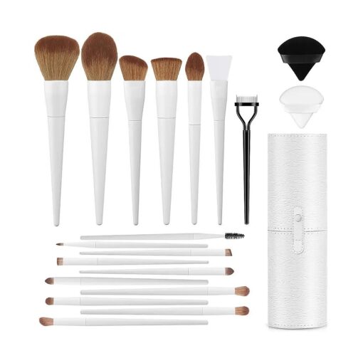 Professional 20PCs Makeup Brush Set, LUXBRU with Foundation Eyebrow Blending Concealer Blush Eyeshadow Contour Powder Brush, Brushes Kit with Travel Case & 2 Powder Puff-White