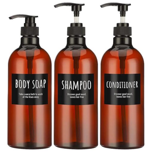 Segbeauty 32oz Shampoo Bottle, Empty Shampoo and Conditioner Bottle with Pump, 3pcs 1Liter Shampoo Dispenser Bottle for Body Soap Conditioner, Labeled Brown Plastic Press Dispenser Refillable