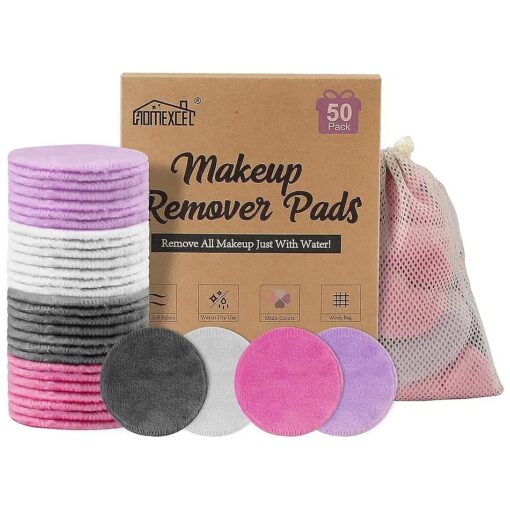 HOMEXCEL Reusable Makeup Remover Pads 50 Pack-Eco-Friendly Makeup Remover Cloth Face Pads for Facial Cleansing-Soft Cotton Rounds for All Skin Types with Laundry Bag ( Grey-White-Purple-Pink )