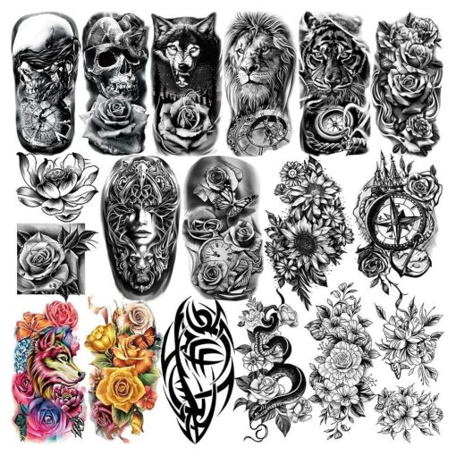 Yazhiji 77sheets Waterproof Temporary Tattoo for Girls or Boys Kids 17sheets Larger Half Arm Wolf Tiger Lion Fake Tattoos for Men or Women And 60 sheets Tiny Flower Snake Rose Sunflower Tattoo Sticker