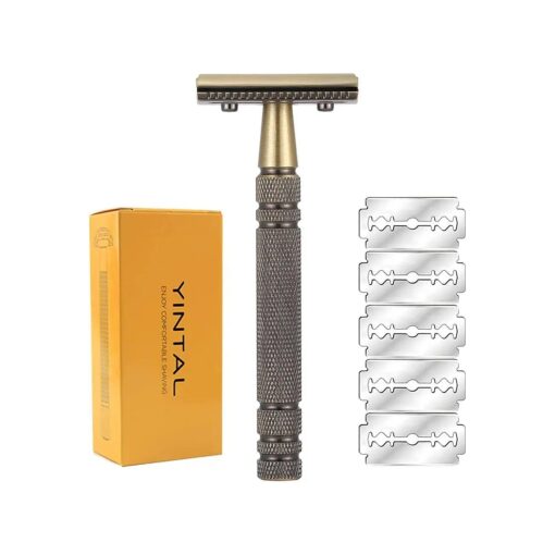 Double Edge Safety Razor Long Handle - Brass Bronze Blade Replaceable Razors, For Men Shaving Classic Razor, Reusable Metal Manual Shavers Close Comb