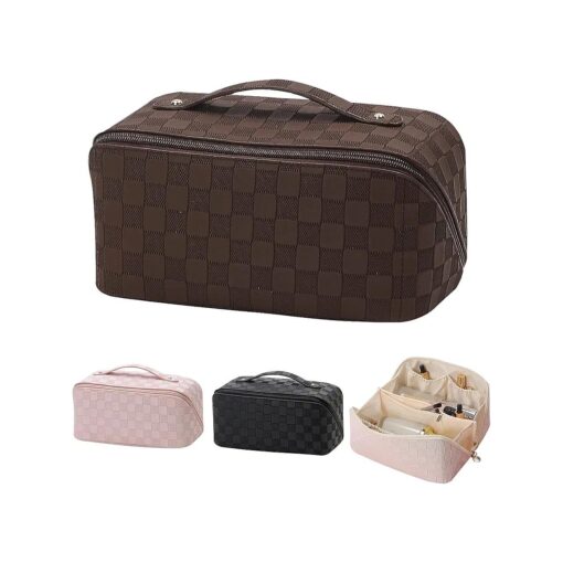 Travel Makeup Bag with Handle and Divider, Portable Large Capacity Travel Cosmetic Bag Waterproof Makeup Organizer Bag, Multifunctional PU Leather Makeup Bag Opens Flat Toiletry Bag for Women ( Brown )