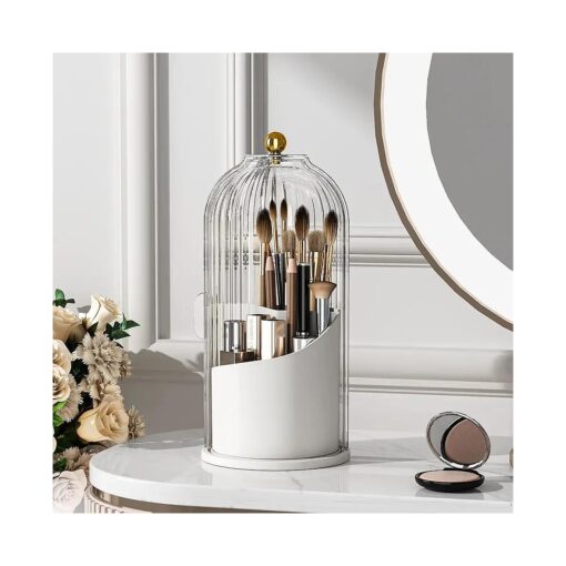 Makeup Brush Holder Organizer with Lid,360 Rotating Clear Dustproof Makeup Brushes Organizer for Vanity Desktop Bathroom Countertop ( Transparent )