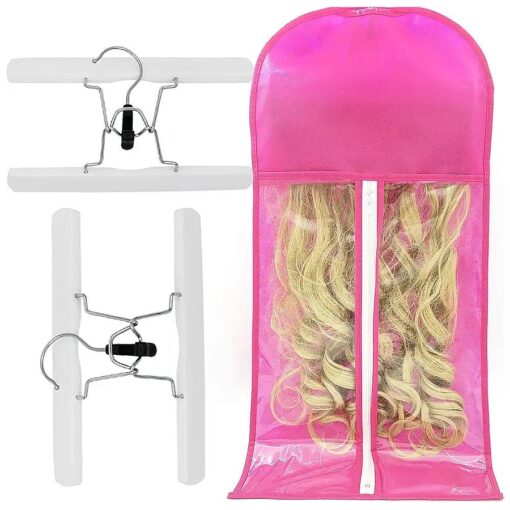 Hair Extension Holder Storage Bag Strong Hanger Clip Case Dust-proof Portable Suit with Transparent Zip Up Closure- Lightweight Waterproof ( Pink )