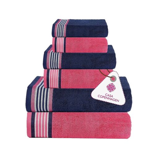 CASA COPENHAGEN He & She 6 Pieces Towel Set- Dutch Blue + Pink, 550 GSM 2 Bath Towel 2 Hand Towel 2 Washcloth, Designed in Denmark Made of Soft Egyptian Cotton for Bathroom, Kitchen & Shower