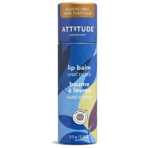 ATTITUDE Plastic-free Lip Balm, EWG Verified Plant- and Mineral-Based Ingredients, Vegan and Cruelty-free Personal Care Products, Unscented, 0.3 Oz