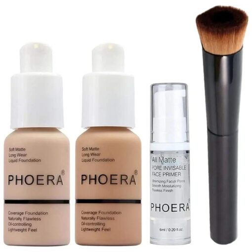 Phoera Foundation Full Coverage Makeup Set - Includes Nude & Buff Beige 30ml Matte Foundation, 6ml Face Primer & Liquid Foundation Brush for Easy Application