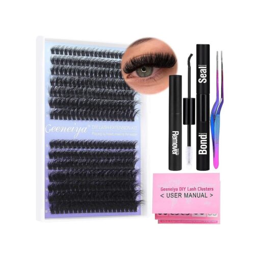 Geeneiya Fluffy Lash Extension Kit Cluster Eyelash Extension Kit Clusters Individual Lashes Kit with Lash Bond and Seal Glue, Lash Remover, Lash Applicator, User Manual for Beginners ( 60P+80P, 280Pcs )