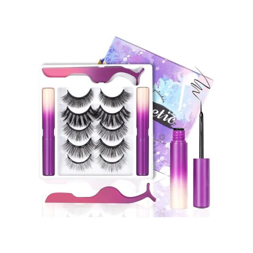 Magnetic Eyelashes with Magnetic Eyeliner Kit, Reusable Magnetic Lashes, 3D Natural Look False Eyelashes with Eyeliner and Tweezers, No Glue ( 5 Pairs ) ( Gradation color )