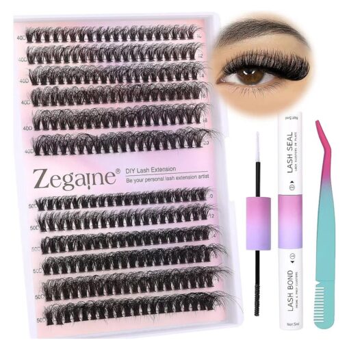 DIY Lash Extension Kit Wispy Mink Lashes Clusters 10-20mm 40D 50D Fluffy Individual Lashes Natural Look with Lash Bond and Seal 240 pcs by Zegaine