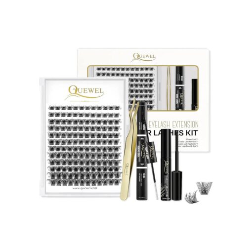 QUEWEL DIY Lash Extensions Kit Lash Clusters 144 Pcs, Cluster Lashes Golden Lashes Tweezers, Eyelash Clusters Bond and Seal Waterproof, Cluster Lash Glue Remover for DIY Lash Extensions ( QU-RR-DH-01 )