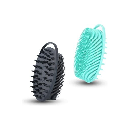 2 PC Silicone Exfoliating Body Scrubber, 2 in 1 Silicone Body Shampoo Brush, Soft Silicone Loofah for Sensitive Skin, Shower Silicone Hair Scalp Massager, Easy to Clean, Lather Well ( Black & Green )