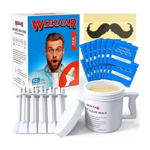 Nose Wax Kit Men, New 120gm Hypoallergenic Wax, 30 Applicators, Nose and Ear Hair Removal Kit for Women, Sanitary & Easy Nasal Waxing Kit .15 Post Waxing Balm Wipes, 15 Mustache Guards