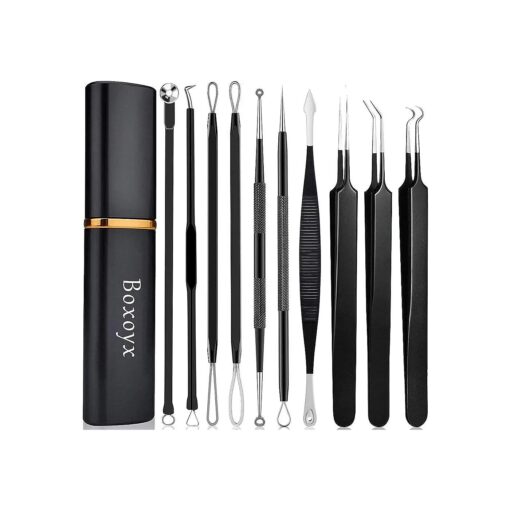 Pimple Popper Tool Kit - Boxoyx 10 Pcs Blackhead Remover Comedone Extractor Kit with Box for Quick and Easy Removal of Pimples, Blackheads, Zit Removing, Forehead, Facial and Nose ( Black )