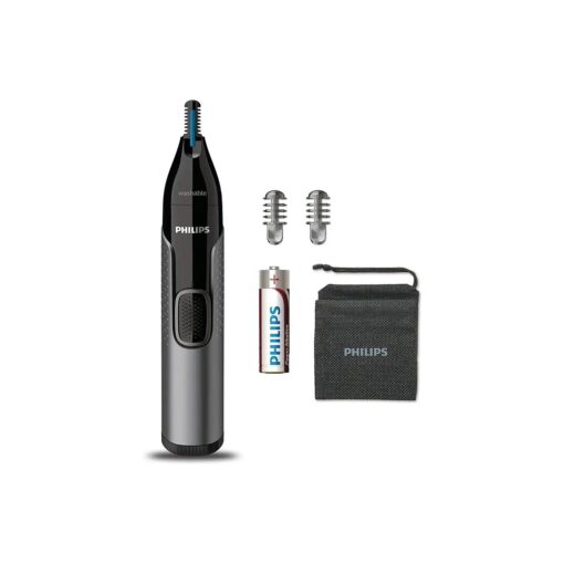 Philips Nose Trimmer Nt3650/16, Nose, Ear & Eyebrow Trimmer with Protective Guard System, Fully Washable, Including AA Battery, 2 Eyebrow Combs, Pouch ( Gray )