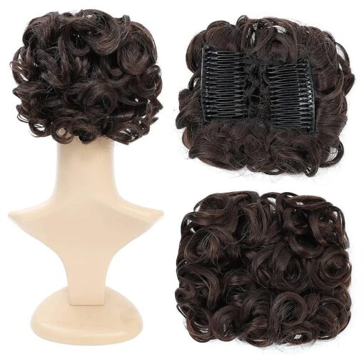 SWACC Short Messy Curly Dish Hair Bun Extension Easy Stretch hair Combs Clip in Ponytail Extension Scrunchie Chignon Tray Ponytail Hairpieces ( Dark Brown-4 # )