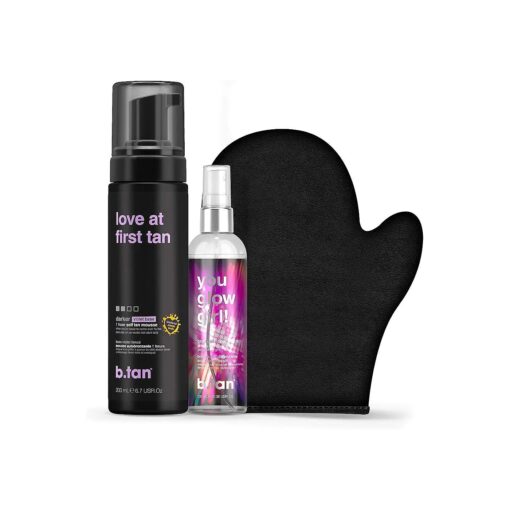 b.tan Violet Self Tan & Face Mist Kit | Lovers Bundle - Self Tanning Mousse with You Glow Girl Gradual Face + Body Mist w Self Tanning Mitt Applicator, 1 Hour Sunless Tanner, Fast, 6.7 Fl Oz