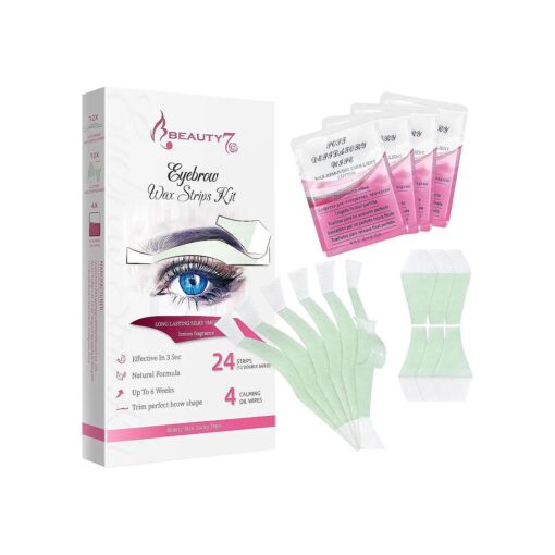 Beauty7 Facial Wax Strips Hair Removal Eyebrow Wax Strips Kit Eyebrow Shaper at Home Waxing 24 Strips 4 Calming Oil Wipes for Sensitive All Skin Types for Women