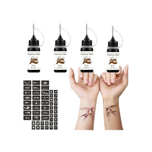 Brown Temporary Tattoo Kit, 4 Bottles Temporary Tattoo Ink with 84 Adhesive Tattoo Stencils, Body Tattoo Markers DIY Tattoos Temp for Men Women