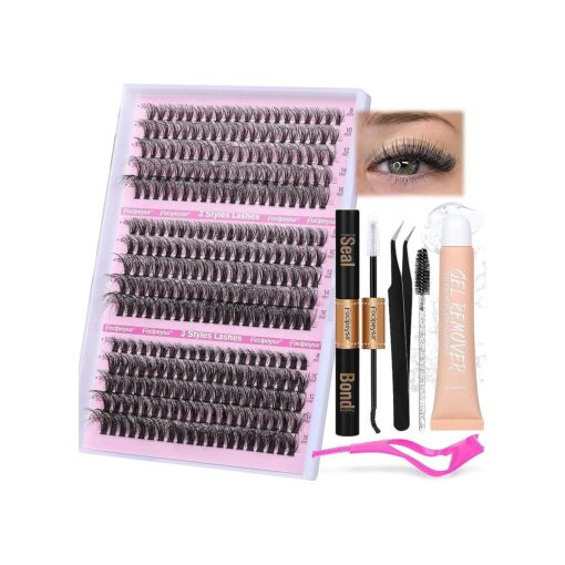 Lash Extension Kit 300Pcs Lash Clusters Eyelash Extension Kit with Lash Bond and Seal Lash Remover Lash Applicator Mascara Applicator Tool Individual Lashes Kit Eyelash Brush Easy to Apply at Home