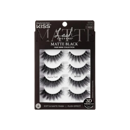 KISS Lash Couture 3D Matte False Eyelashes, Matte Twill ', 14 mm, Includes 4 Pairs Of Lashes, Contact Lens Friendly, Easy to Apply, Reusable Strip Lashes