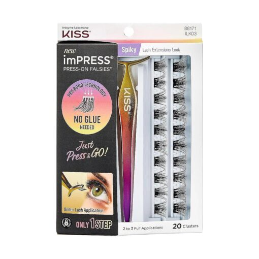 KISS imPRESS Falsies False Eyelashes, Lash Clusters, Spiky ', 16 mm, Includes 20 Clusters, 1 applicator, Contact Lens Friendly, Easy to Apply, Reusable Strip Lashes