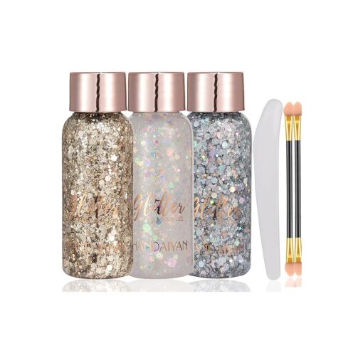 Face Glitter Gel, 3 Jars Holographic Chunky Glitter Makeup for Body, Hair, Face, Nail, Eyeshadow, Long Lasting and Waterproof Mermaid Sequins Shimmer Liquid Glitter ( Set C )