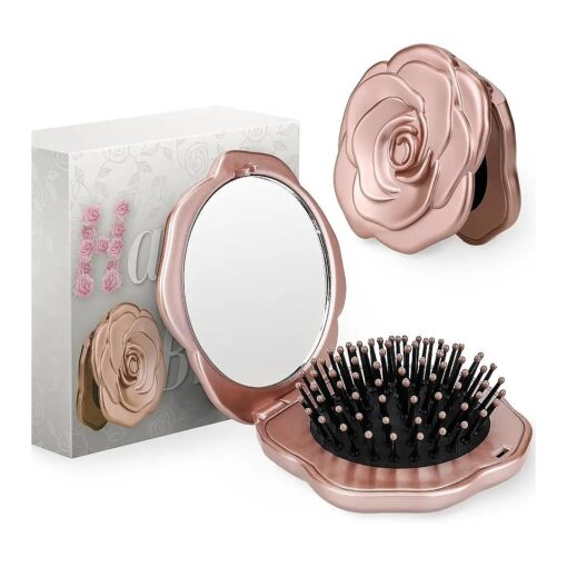 Travel Folding Hair Brush, Roses Mini Pocket Mirror Brush Easy to Carry for Small Spaces Nylon Brush/Comb/HairBrush for Women Men 's Any Hairstyles Hair and Beards Wet Dry Hair Restore Shine