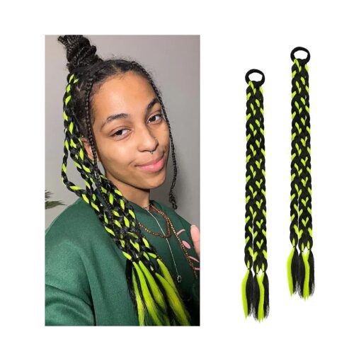 Dreamlover Braided Ponytail Extensions with Hair Ties for Girls, Mix Colors Braiding Hairpieces, 2 Tone Color Stylish Hair Extensions for Women, Black and Bright Green, 2 Pieces, 18 inches