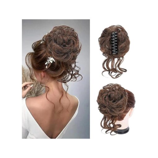 Claw Clip Messy Bun Hair Piece Wavy Curly Hair Bun Clip in Claw Chignon Ponytail Hairpieces Synthetic Tousled Updo Hair Extensions for Women ( Natural Black Mixed Light Auburn )