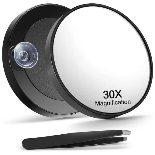 30X Magnifying Mirror, 3.5 inches Magnified Makeup Mirror and Slant Tweezers with 2 Suction Cups, Black, 1PCS