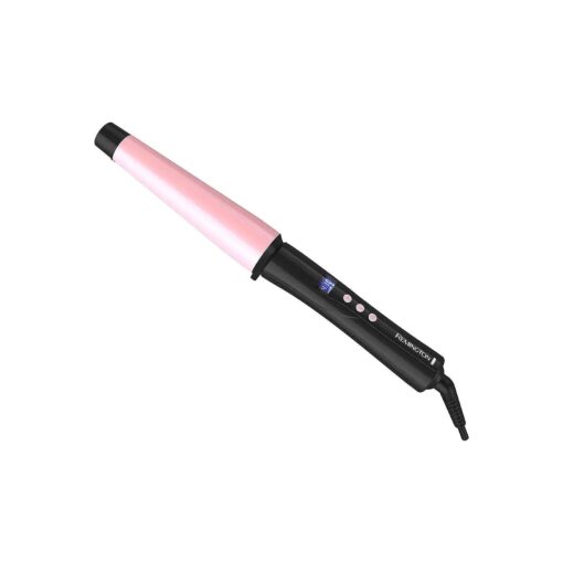 Remington CI9538 Pro 1" -1.5" Pearl Ceramic Conical Curling Wand, Digital Controls + 10 Heat Settings, Black/Pink