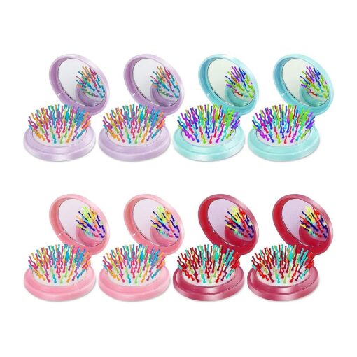 8 Pcs Folding Travel Mirror Hair Brushes Round Folding Pocket Hair Brush Mini Portable Compact Hair Brush with Mirror for Women Girls ( 8 Pcs )