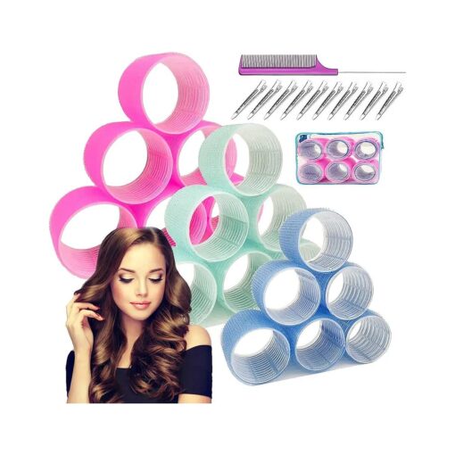 3" Extra Large Hair Rollers Set, Jumbo Velcro for Long Hair,30 Packs 3 Sizes with Clips & Comb, Big Self Grip Curlers, Salon Dressing ( 3" /2.5" /2.2" ), Pink Purple yellow