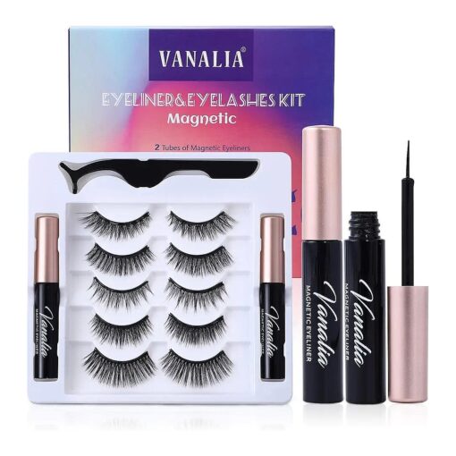 Magnetic Eyelashes with Eyeliner, Magnetic Eyelashes and Lashes Kit,3D 5D False Lashes, 5 Pairs with Tweezers, Easy to Wear-No Glue Needed