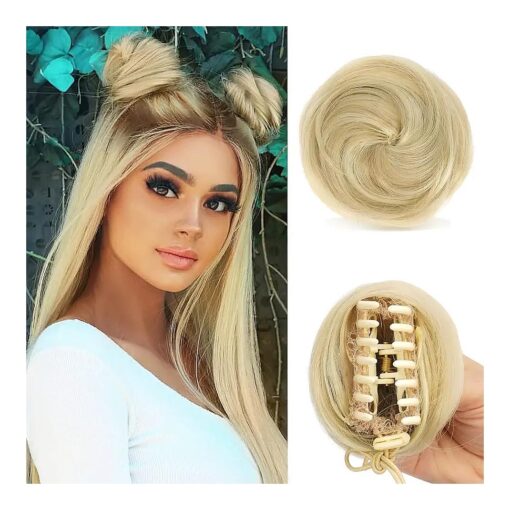 SOFEIYAN 2PCS Mini Claw Clip in Hair Bun Extension Synthetic Wig Accessory Updo Space Bun Hair Messy Cat Ears Hair Bun Pieces for Women, Light Ash Brown & Bleach Blonde