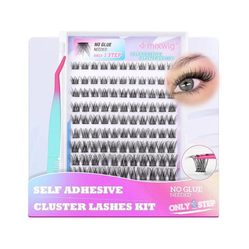 Self Adhesive Eyelashes Reusable Self Adhesive Lash Clusters No Glue Needed Individual Lashes Press on DIY Cluster lashes Reusable Eyelash Clusters Kit with Tweezers for Beginners