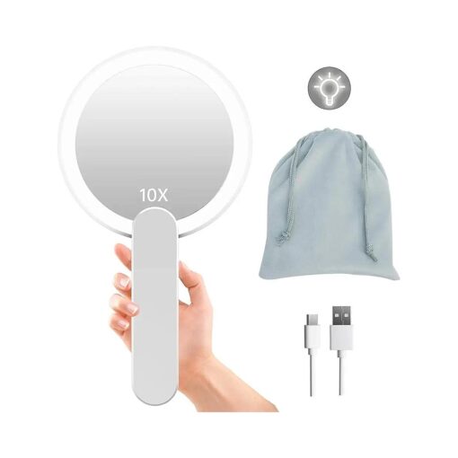 FASCINATE Handheld Mirror with Lights, 1X 10X Double Sided Magnifying Mirror with Swivel Handle, Perfect for Travel, Compact, Pocket, Purse, Folding, USB Charging ( with Flannel Bag )