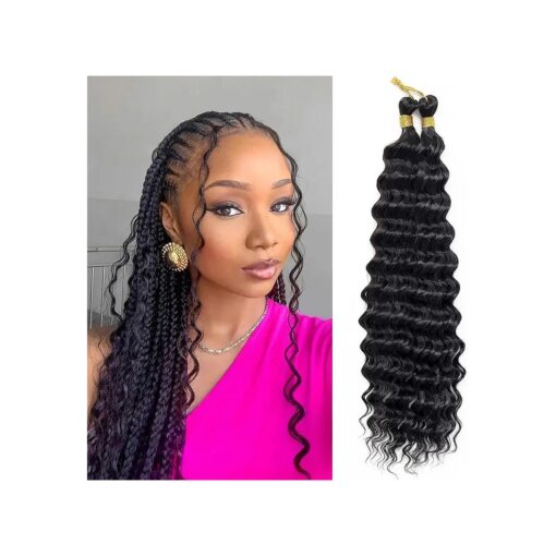 Eerya Long Curly Braiding Hair 18 Inch 2 Packs Ocean Wave Crochet Hair for Black Women Deep Wave Braiding Hair for Boho Braids ( 18 inch, 1B )