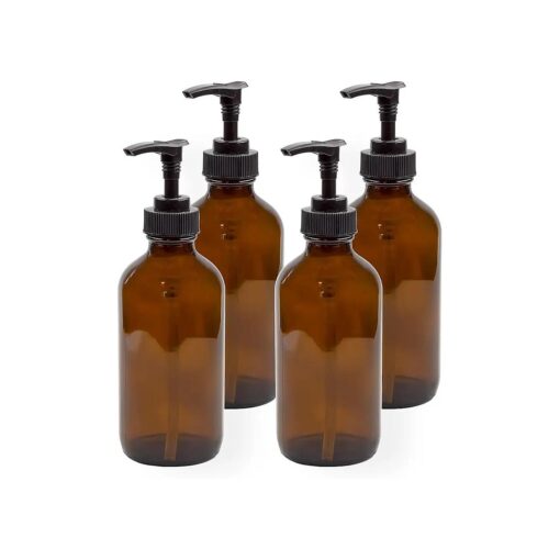 Cornucopia 8oz Glass Pump Bottles ( 4-Pack, Amber Brown ), Lotion Soap Dispensers w/Black Plastic Pumps