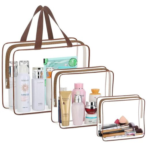 HAOGUAGUA 3 Pieces Large Clear Travel Bags for Toiletries, Waterproof Clear Plastic Cosmetic Makeup Bags, Transparent Packing Organizer Storage Bags ( Coffee )