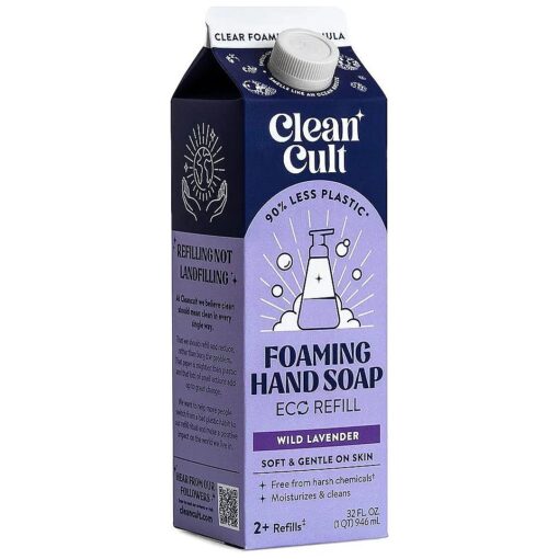 Cleancult Foaming Hand Soap Refills ( 32oz, 1 Pack ) - Foam Hand Soap that Nourishes & Moisturizes - Free of Harsh Chemicals - Paper Based Eco Refill, Uses 90 % Less Plastic - Wild Lavender