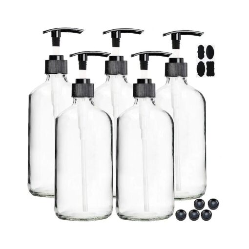 Youngever 5 Pack Empty Clear Glass Pump Bottles, 8 Ounce Lotion Pump Bottles, Soap Dispenser, Refillable Containers, Durable Black Pumps