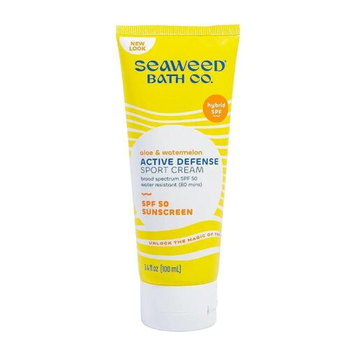 Seaweed Bath Co, Active Defense SPF 50 Sport Broad Spectrum Hybrid Sunscreen Cream, 3.4 Ounce, Sustainably Harvested Seaweed, Aloe, Watermelon