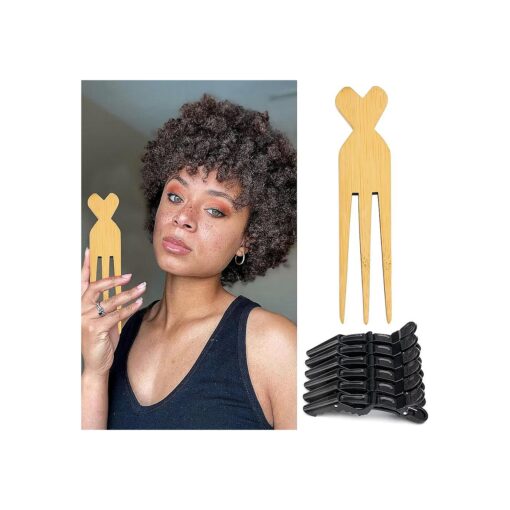 Wooden Comb for African, Parting Combs for Braiding Hair Anti-Static Afro Pick Three Prong Wide Tooth Wooden Comb Afro Comb with 6 Pieces Alligator Hair Clips for Women Hair Braiding