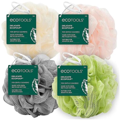 EcoTools Delicate EcoPouf, Loofah Sponge for Bath & Shower, Pouf with Recycled Netting, Gentle Exfoliation Removes Dead Skin, Eco-Friendly Bath Accessory, Cruelty-Free, Color May Vary, 4 Count ( 60g )