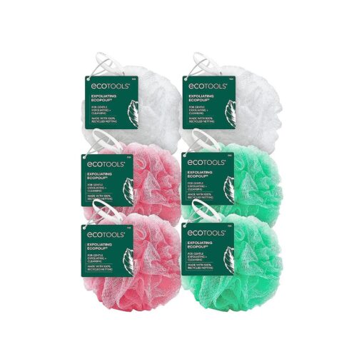 EcoTools Exfoliating EcoPouf Bath Sponges, Rich Lather, Recycled Netting, Body Loofahs for Smoother, Softer Skin, Removes Dirt & Impurities, for Shower & Bath, Assorted Colors, Pack of 6