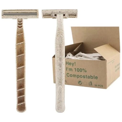 Eco-Friendly Razor | Disposable | Recycled Material | Men & Women Shaving Razor | Twin Blade | Biodegradable Wheat Straw, 50 Count ( Pack of 1 )